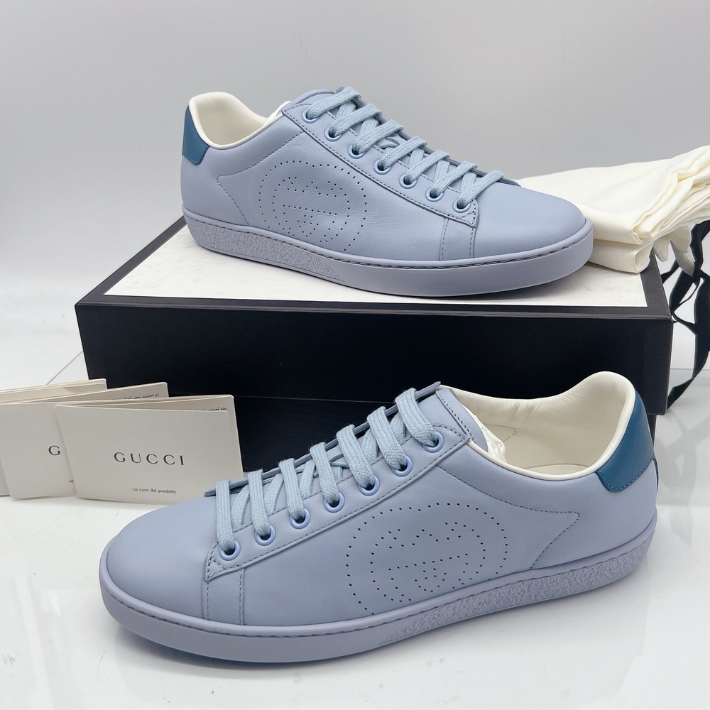 GUCCI Ace Interlocking GG Logo Low Top Sneaker Baby Blue Leather EU 38 US 8